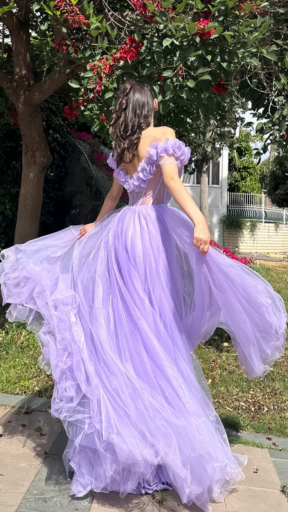 Lilac Tulle Evening Party Dresses, A-Line Flowy Prom Dresses For Teens