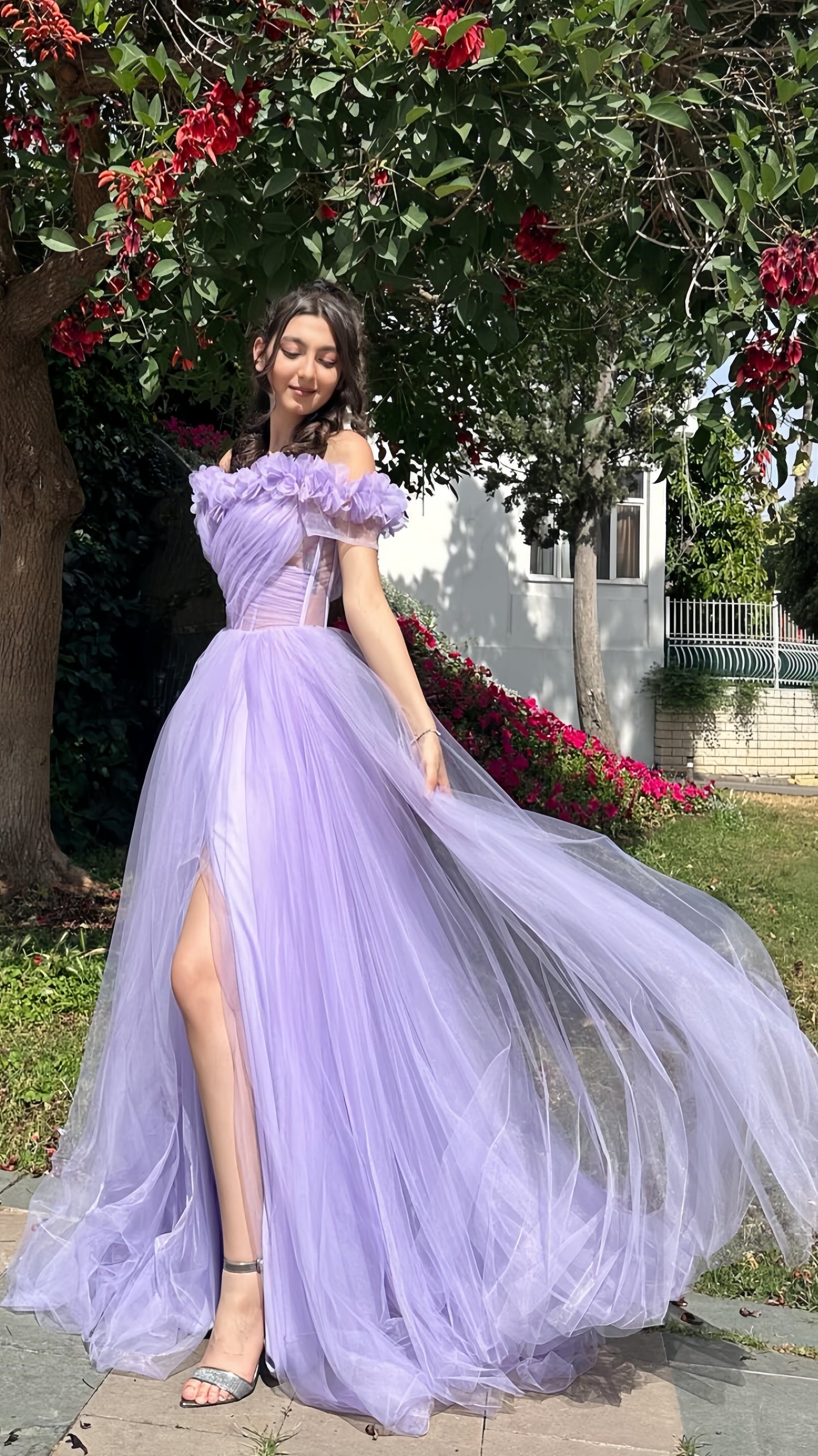 Lilac Tulle Evening Party Dresses, A-Line Flowy Prom Dresses For Teens