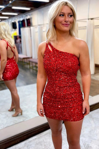 Cute One Shoulder Sequin Backless Homecoming Dress