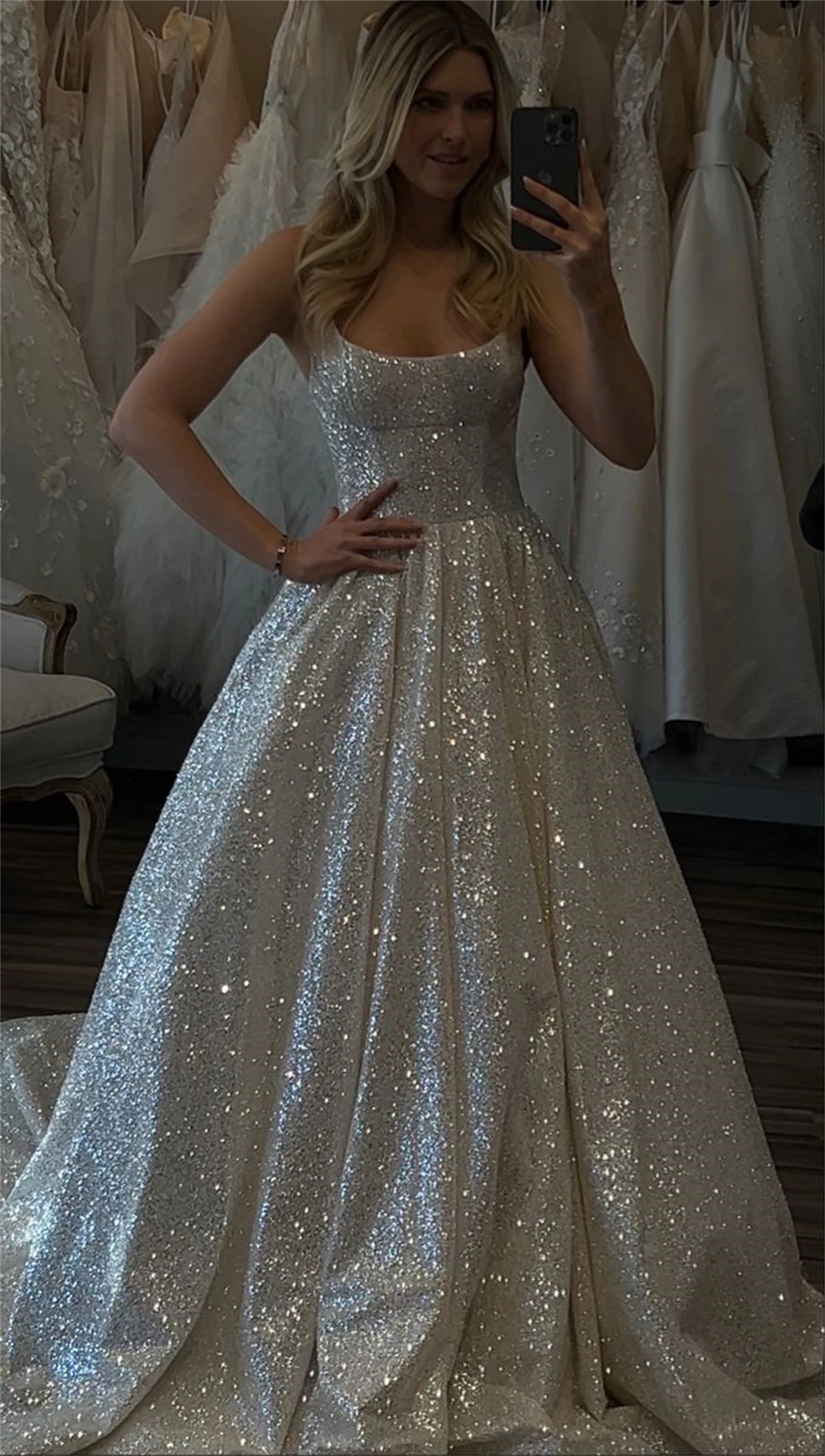 Glitter White A-Line Sequins Wedding Dress, Sparkle Prom Dress