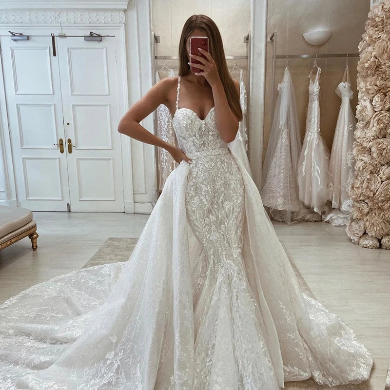 Glitter White Lace Mermaid Bodycon Wedding Dress, Bridal Gown With Sash