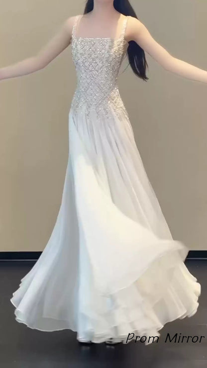 Luxury Beaded White Chiffon Long Party Dresses