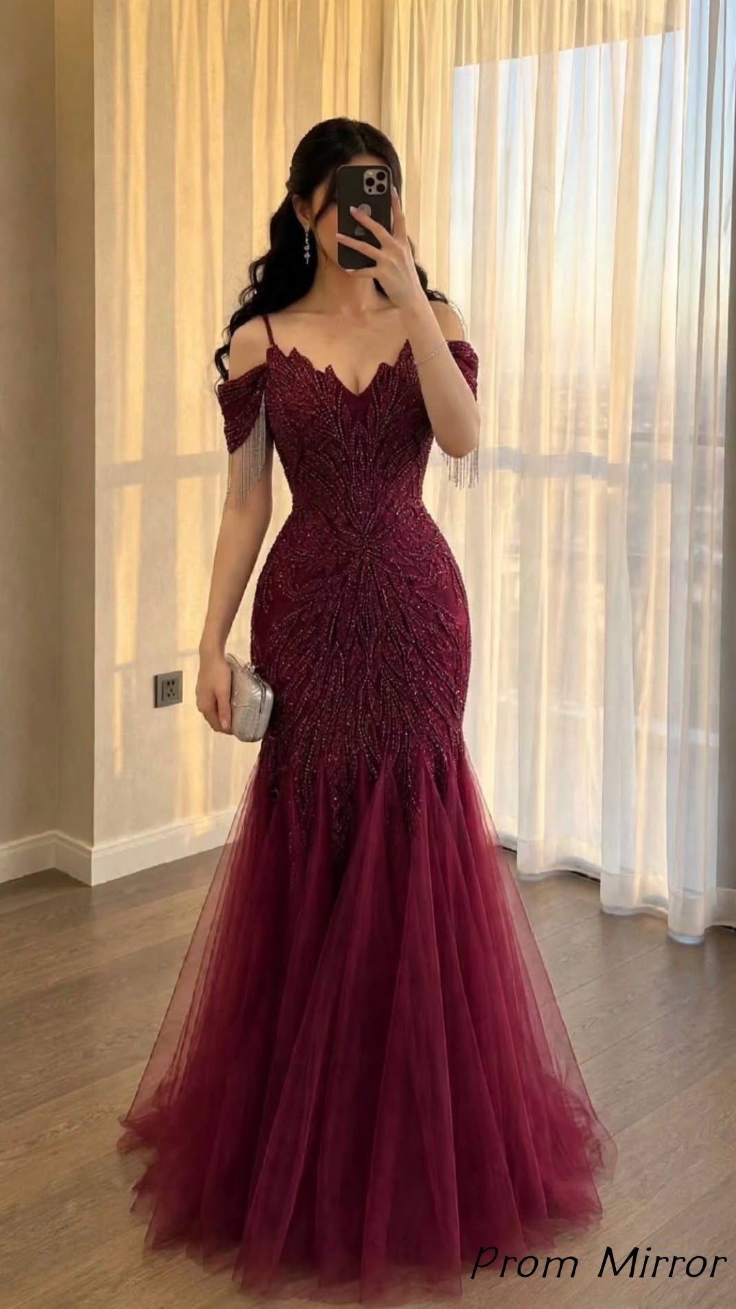 Luxury Burgundy Tulle Beaded Mermaid Prom Dresses, Evening Dress
