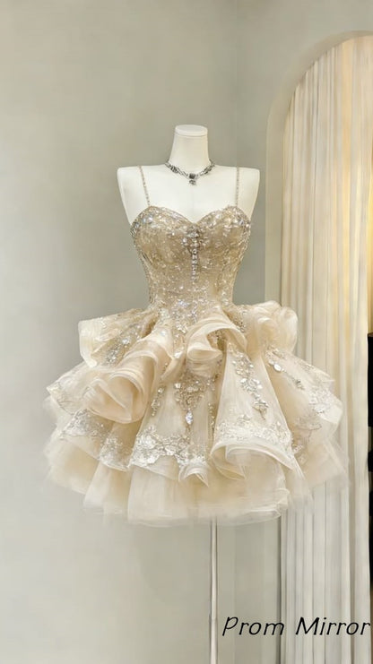 Luxury Champagne Beaded Lace Tulle Homecoming Party Dresses