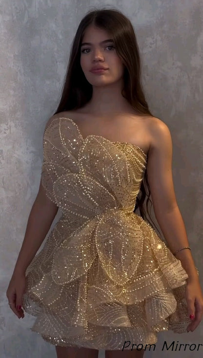 Luxury Gold Pearl Beaded Sequin Floral Homecoming Dress