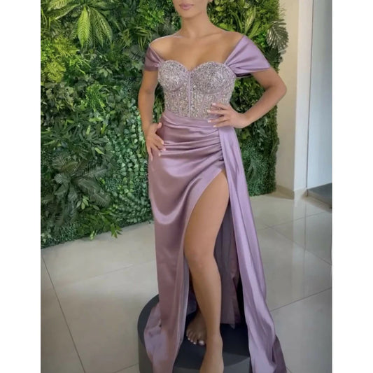 Luxury Lilac Satin High Quality Prom Dress Sexy Long Evening Dress