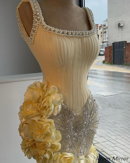 Luxury Pearl Beaded Mini Homecoming Dresses Yellow 3D Floral Short Prom Dress