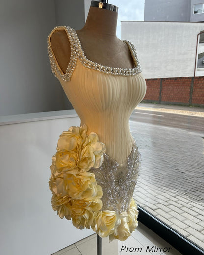 Luxury Pearl Beaded Mini Homecoming Dresses Yellow 3D Floral Short Prom Dress