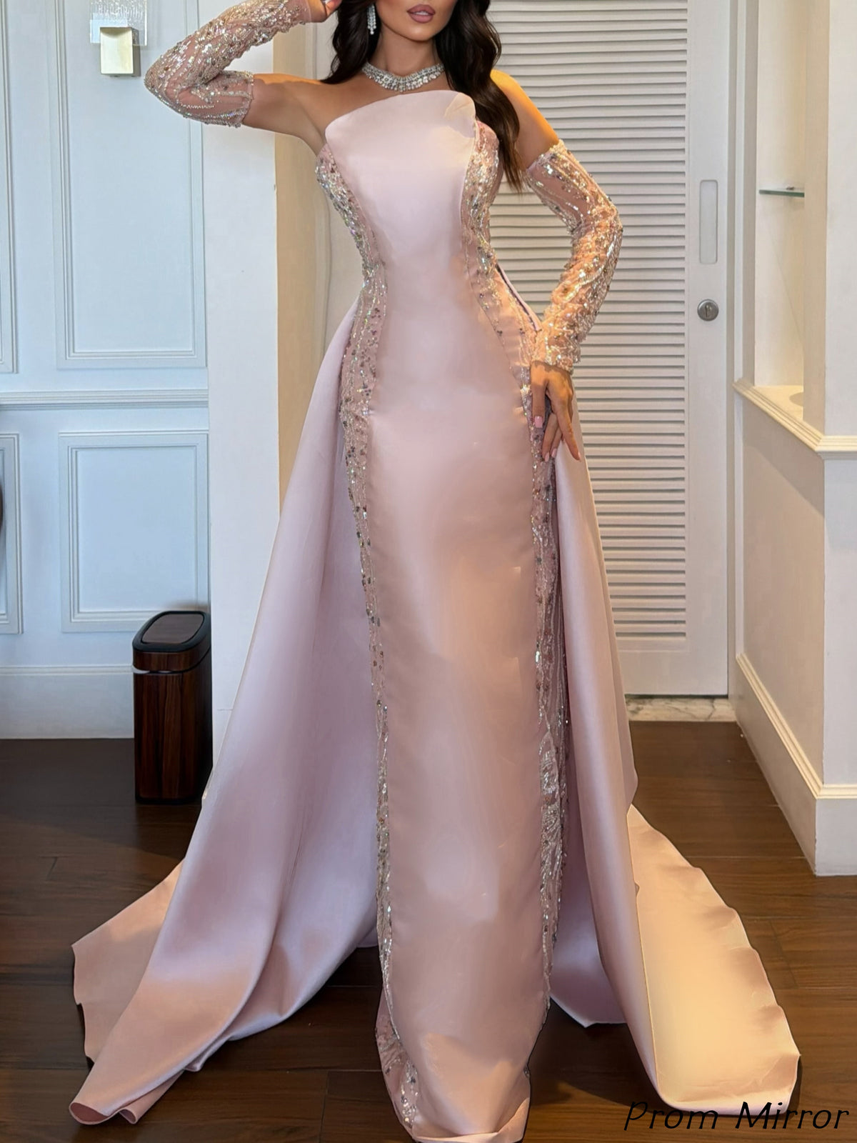 Luxury Pink Beaded Sheath Long Prom Dresses, Evening Dress