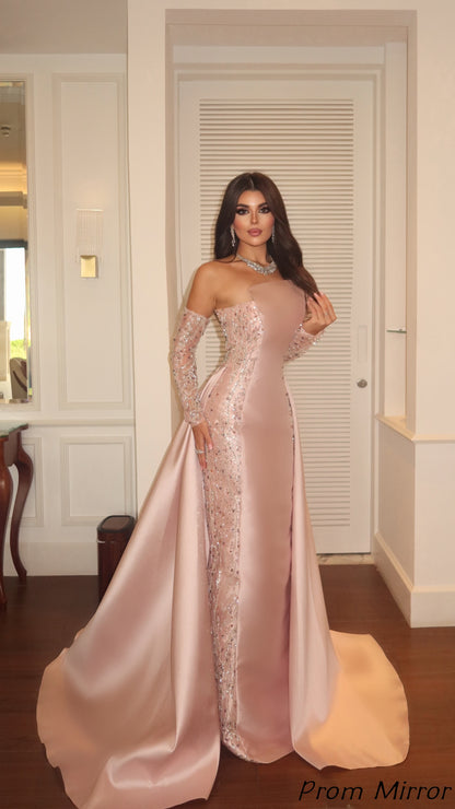 Luxury Pink Beaded Sheath Long Prom Dresses, Evening Dress