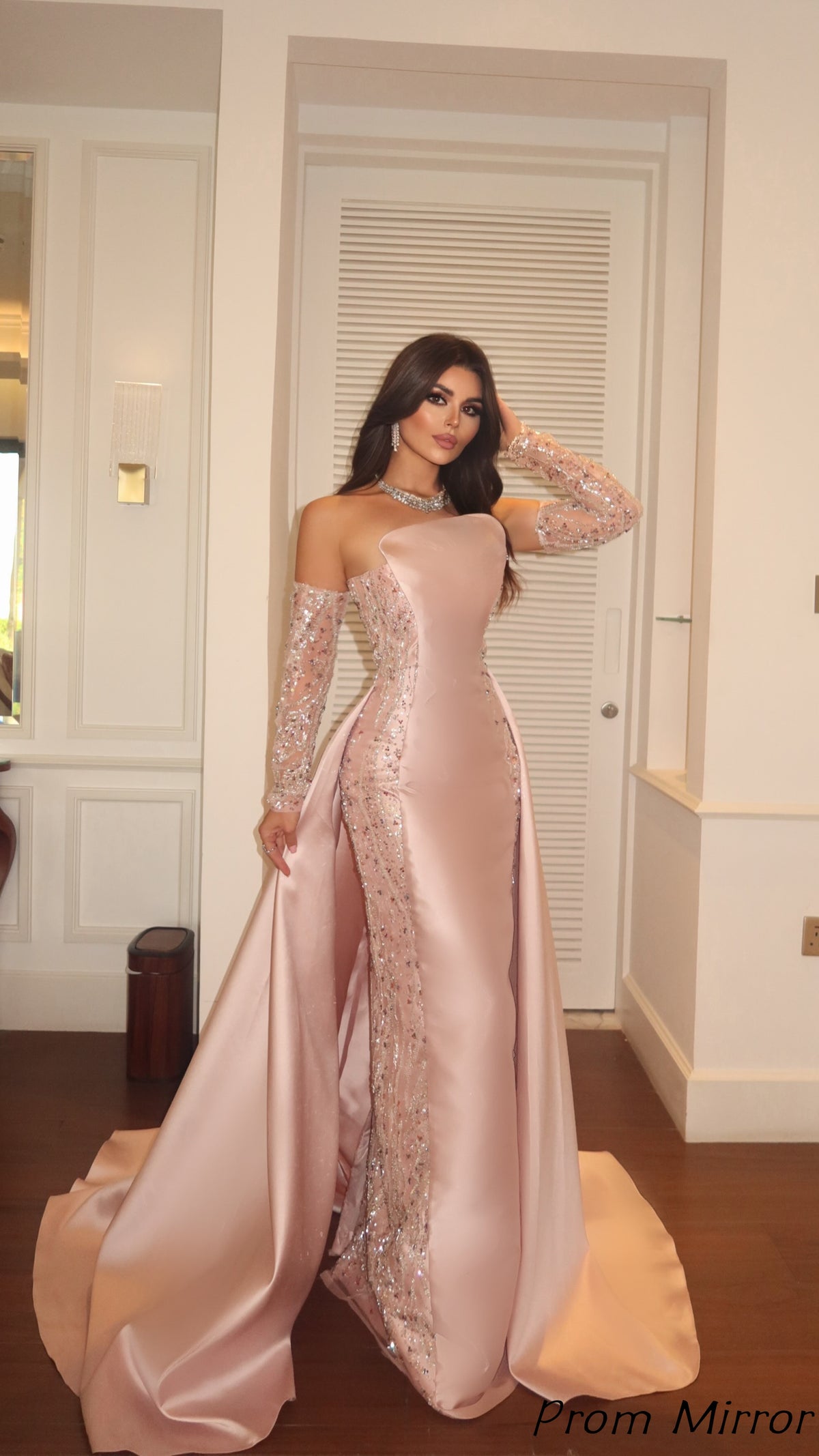 Luxury Pink Beaded Sheath Long Prom Dresses, Evening Dress