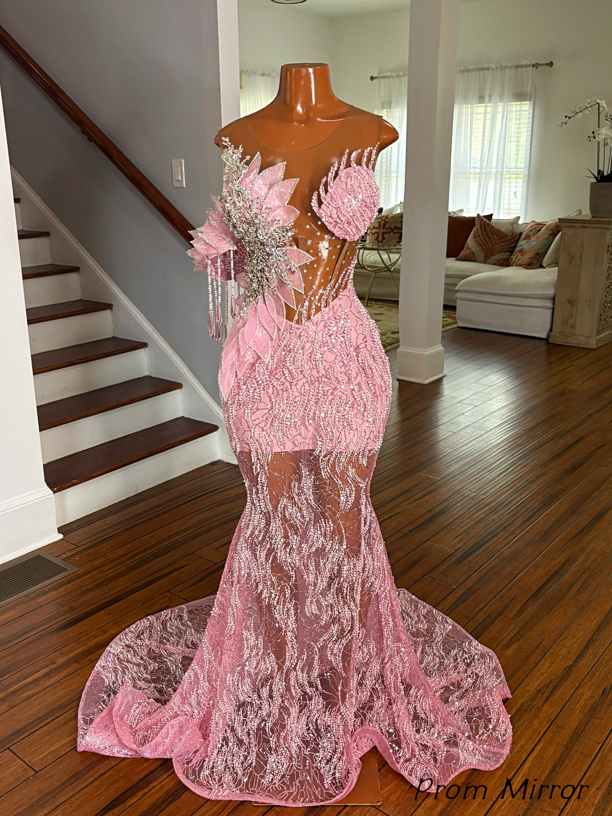 Luxury Pink Floral Beaded Mermaid Long Prom Dress, Evening Dresses