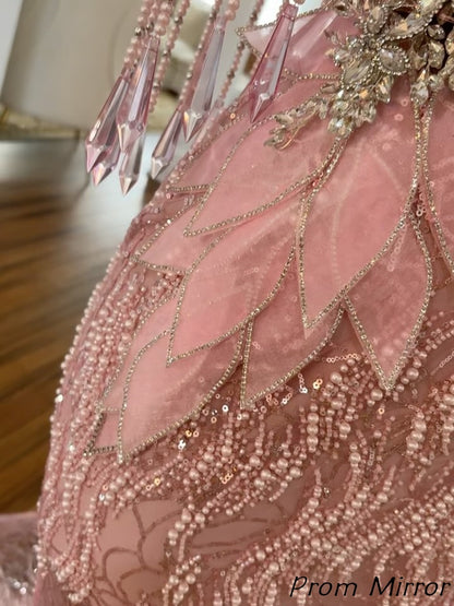 Luxury Pink Floral Beaded Mermaid Long Prom Dress, Evening Dresses
