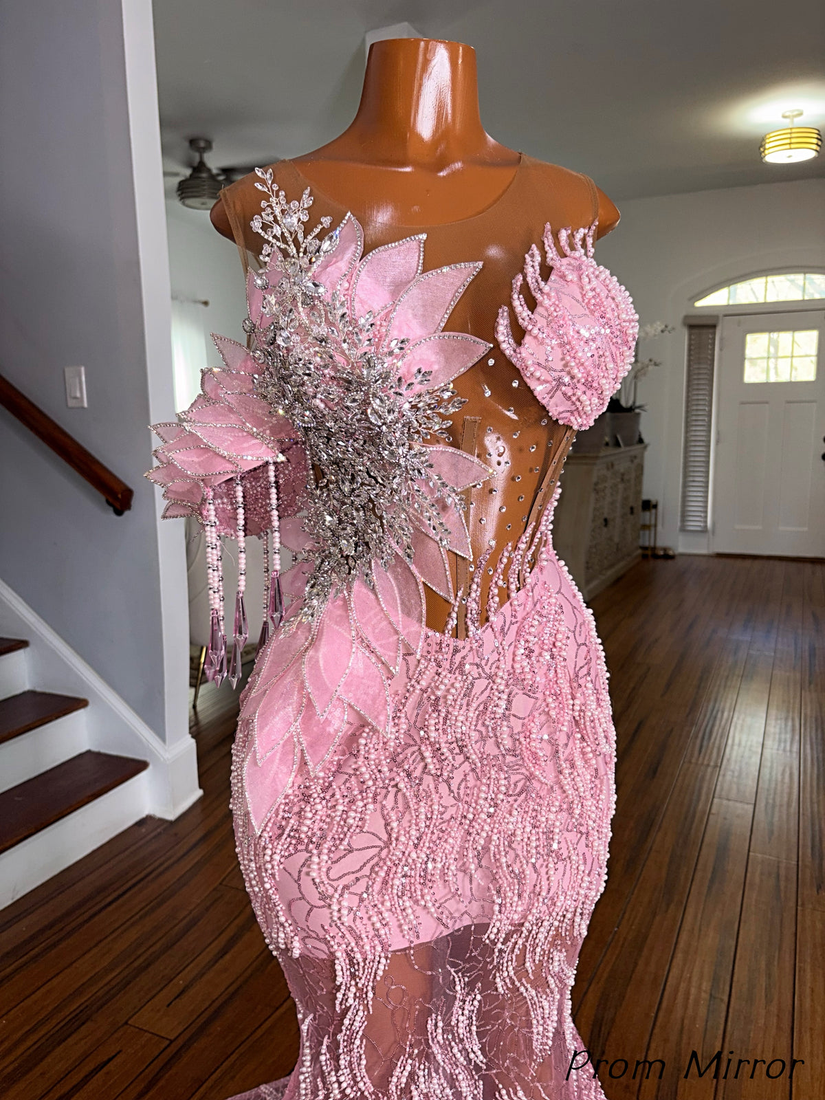 Luxury Pink Floral Beaded Mermaid Long Prom Dress, Evening Dresses