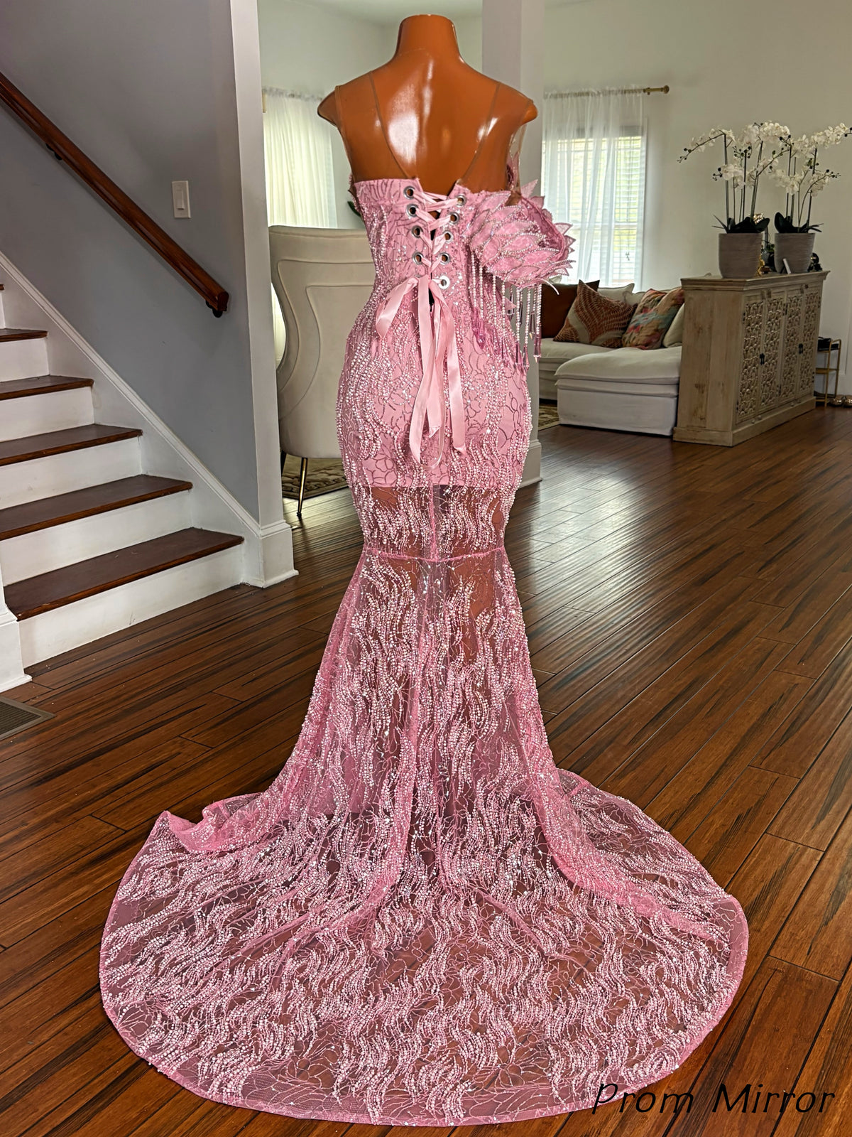 Luxury Pink Floral Beaded Mermaid Long Prom Dress, Evening Dresses