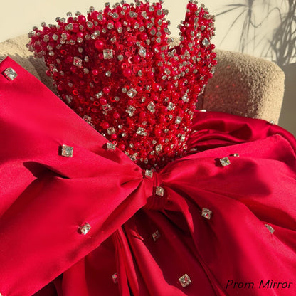 Luxury Red Beaded Satin Birthday Party Dresses Short Homecoming Dress