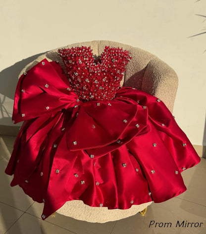 Luxury Red Beaded Satin Birthday Party Dresses Short Homecoming Dress
