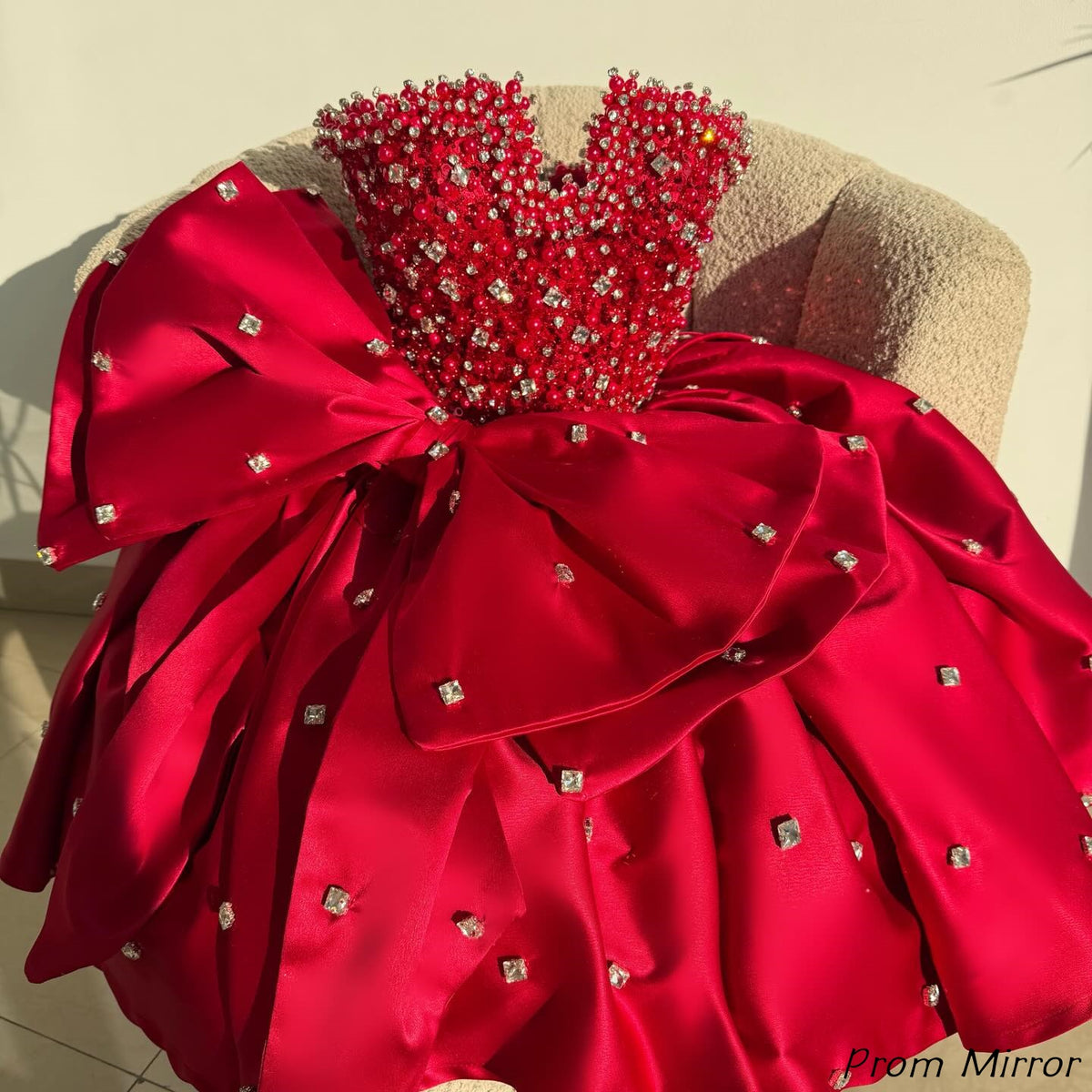 Luxury Red Beaded Satin Birthday Party Dresses Short Homecoming Dress