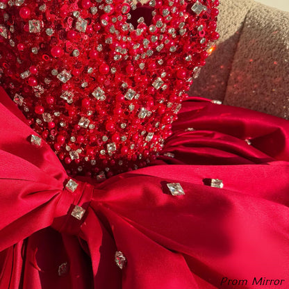 Luxury Red Beaded Satin Birthday Party Dresses Short Homecoming Dress