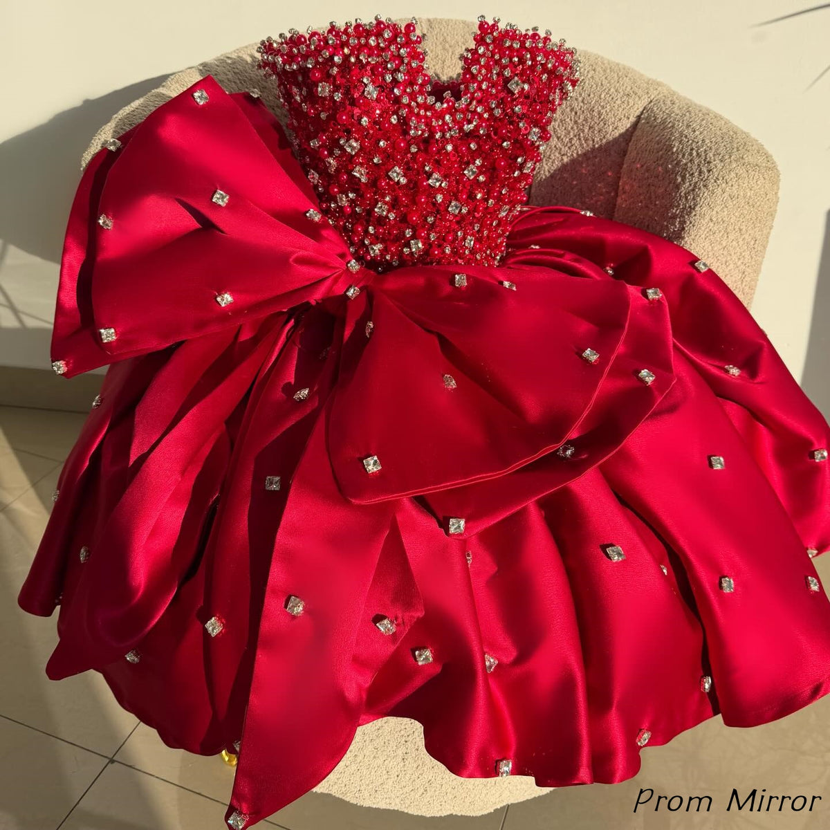 Luxury Red Beaded Satin Birthday Party Dresses Short Homecoming Dress