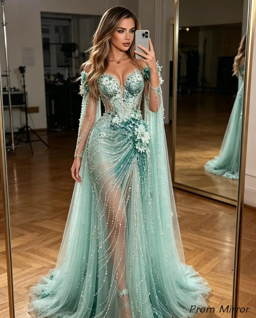 Luxury Sage Green Floral Beaded Pearl Long Prom Dress, Evening Dresses