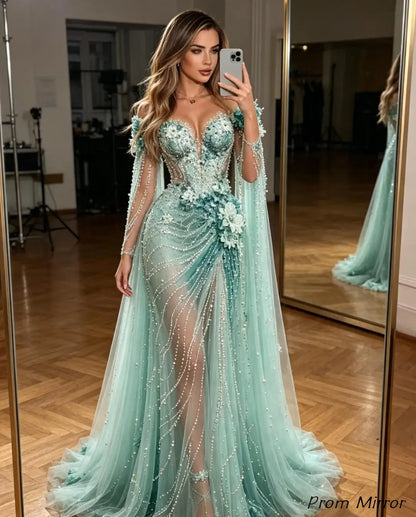 Luxury Sage Green Floral Beaded Pearl Long Prom Dress, Evening Dresses
