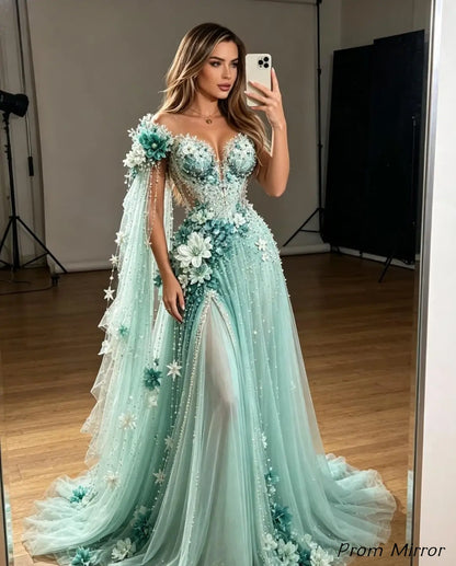 Luxury Sage Green Floral Beaded Pearl Long Prom Dress, Evening Dresses
