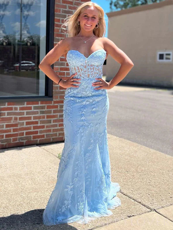 Sweetheart Sky Blue Mermaid Prom Dresses, Appliques Beaded Party Dress, Custom Prom Dresses
