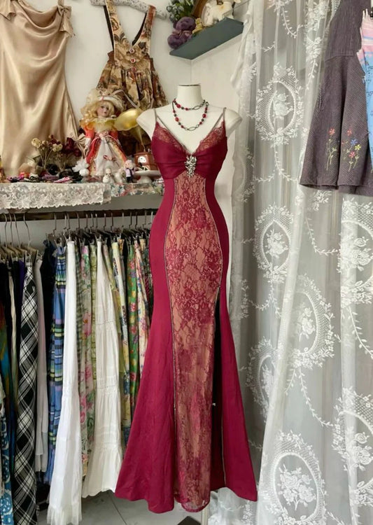 Mermaid Spaghetti Straps Red Lace Prom Dresses Long Party Dress