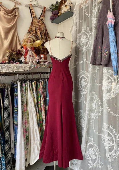 Mermaid Spaghetti Straps Red Lace Prom Dresses Long Party Dress