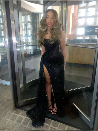 Mermaid Spaghetti Straps Sequin Slit Black Long Prom Dresses Party Dress