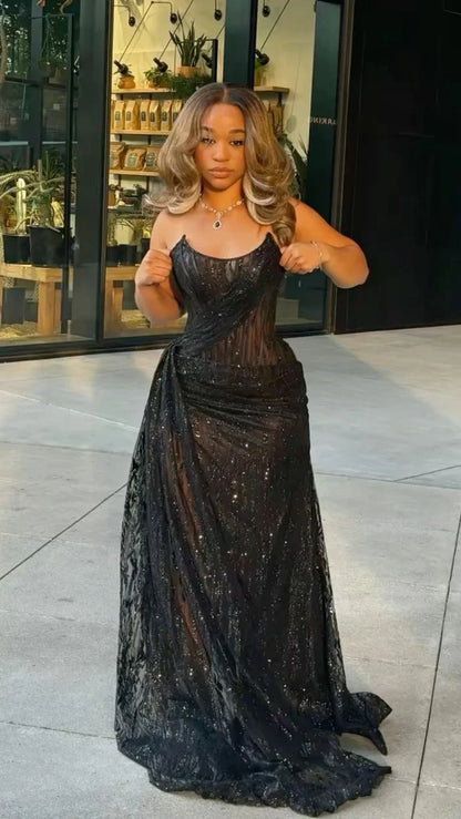 Mermaid Spaghetti Straps Sequin Slit Black Long Prom Dresses Party Dress