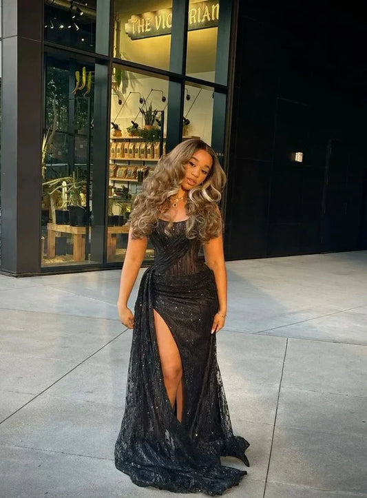 Mermaid Spaghetti Straps Sequin Slit Black Long Prom Dresses Party Dress