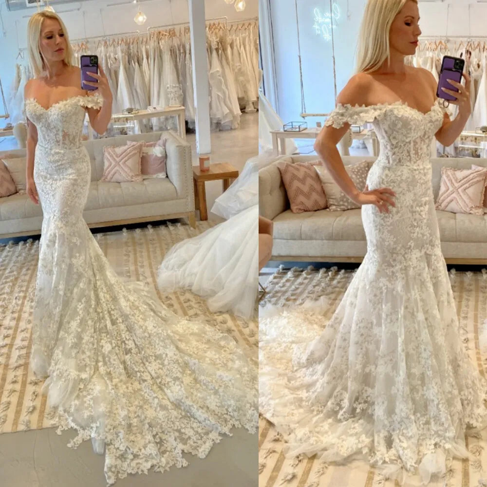 Mermaid Wedding Dresses Off Shoulder Lace Sweep Train White Ivory Bridal Gowns