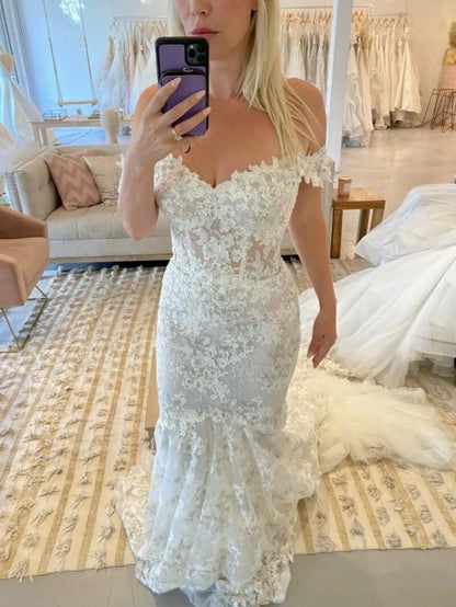 Mermaid Wedding Dresses Off Shoulder Lace Sweep Train White Ivory Bridal Gowns