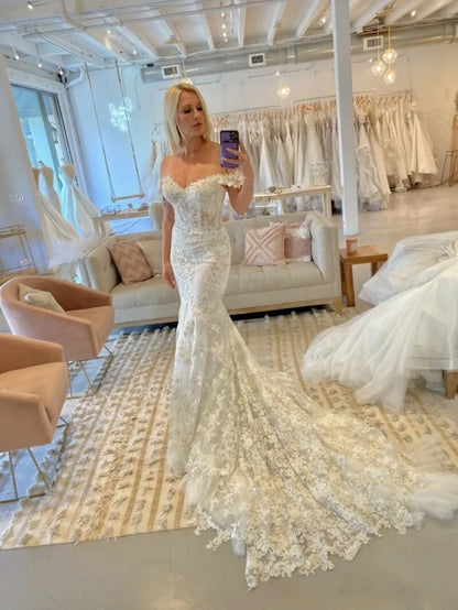 Mermaid Wedding Dresses Off Shoulder Lace Sweep Train White Ivory Bridal Gowns