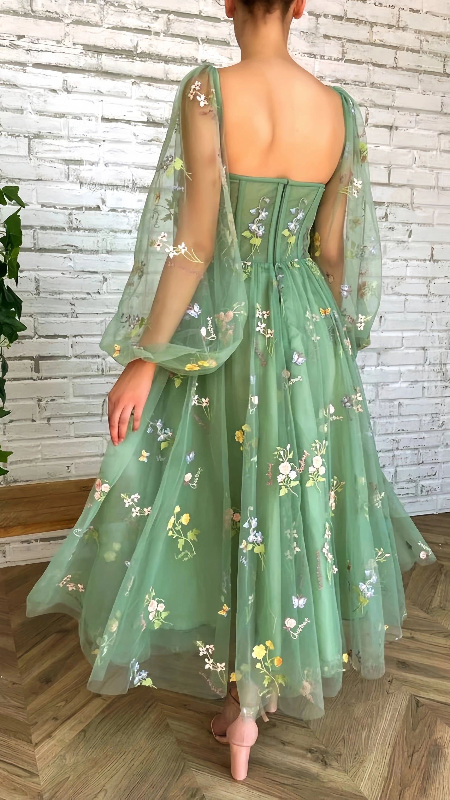 Mint Green Floral Tulle Prom Dresses A-Line Evening Homecoming Dress Midi Dress