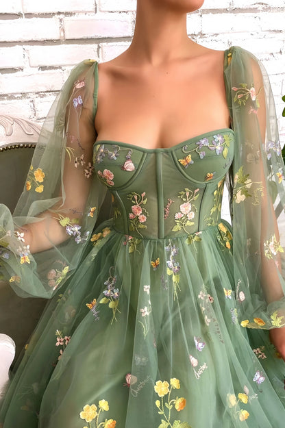 Mint Green Floral Tulle Prom Dresses A-Line Evening Homecoming Dress Midi Dress