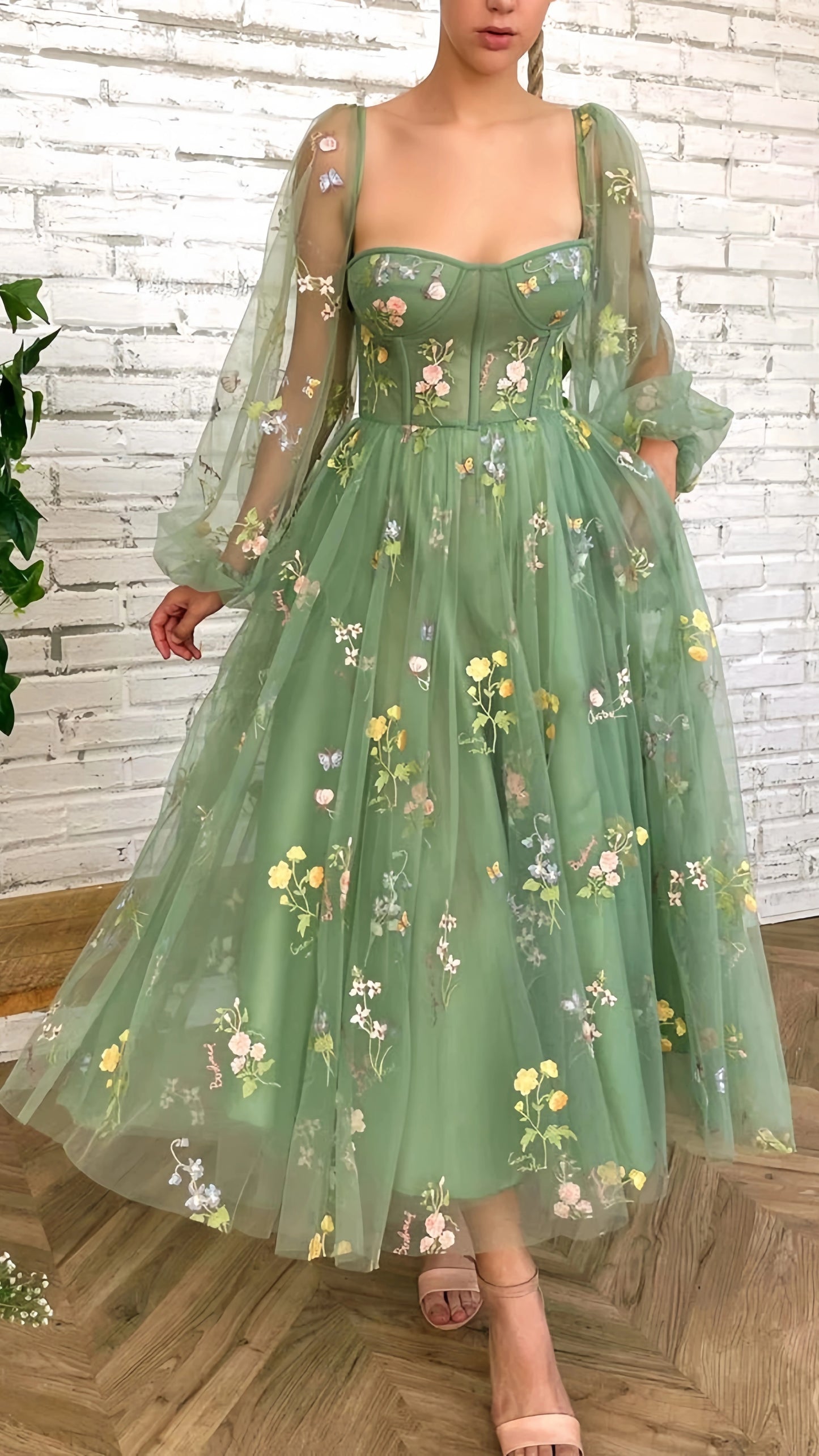 Mint Green Floral Tulle Prom Dresses A-Line Evening Homecoming Dress Midi Dress