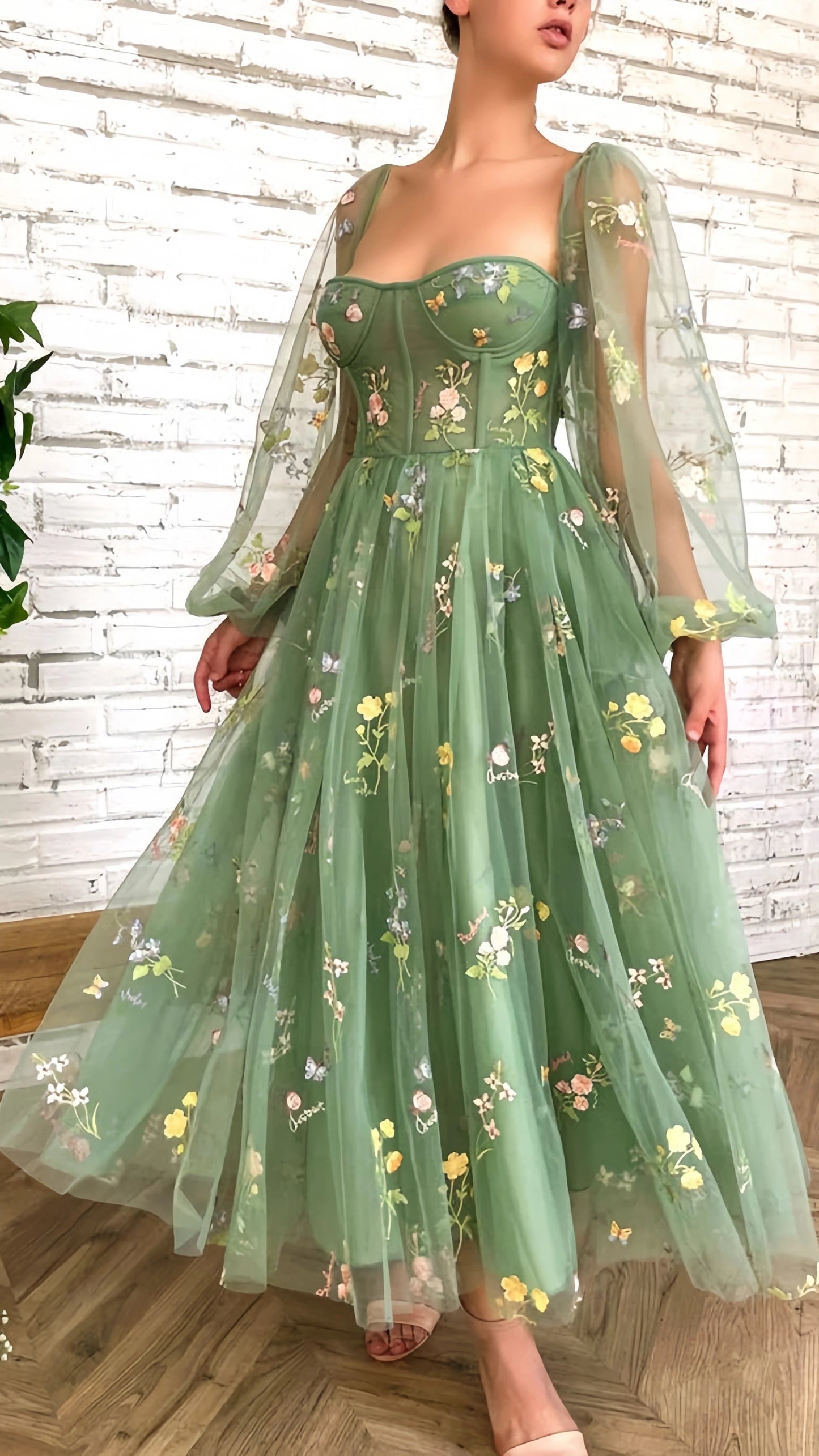 Mint Green Floral Tulle Prom Dresses A-Line Evening Homecoming Dress Midi Dress