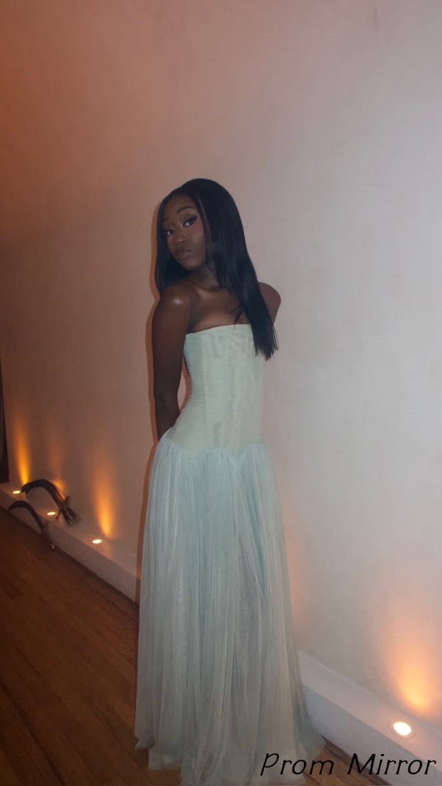 Mint Green Strapless Full Length Tulle Prom Dresses