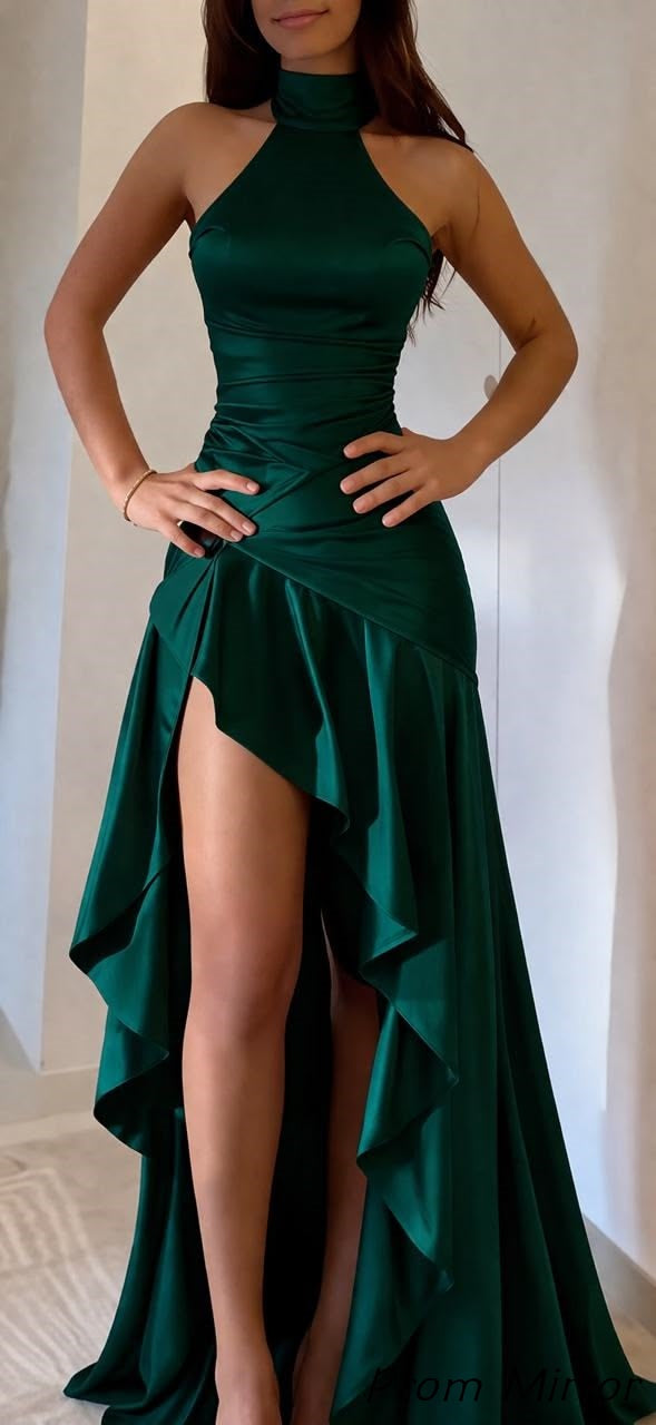 Modern Halter Satin Party Dress Dark Green Ruffles Slim Prom Dresses