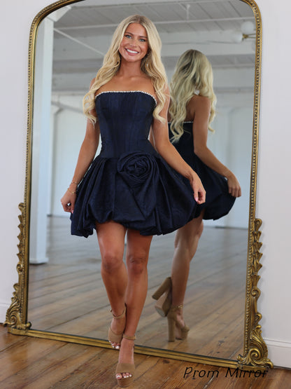 Navy Blue Floral Print A-Line Pearl Floral Homecoming Dresses