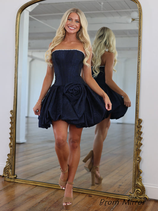 Navy Blue Floral Print A-Line Pearl Floral Homecoming Dresses