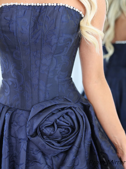 Navy Blue Floral Print A-Line Pearl Floral Homecoming Dresses