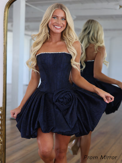 Navy Blue Floral Print A-Line Pearl Floral Homecoming Dresses