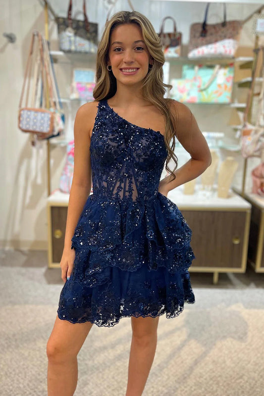 Navy Blue One Shoulder Lace Ruffle Homecoming Dresses