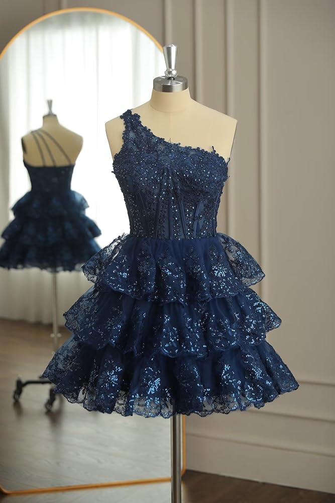 Navy Blue One Shoulder Lace Ruffle Homecoming Dresses – prommirror