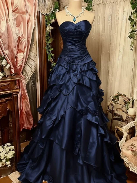 Navy Blue Sweetheart Ruffle Prom Dresses Sweet 16 Ball Gown