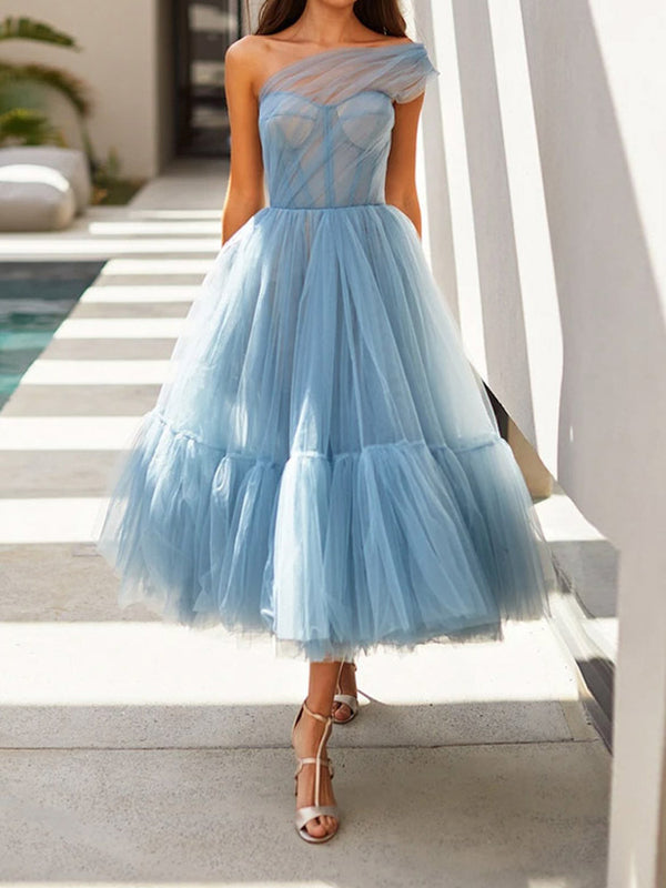 Princess Light Blue A-Line Tulle One Shoulder Homecoming Prom Dresses